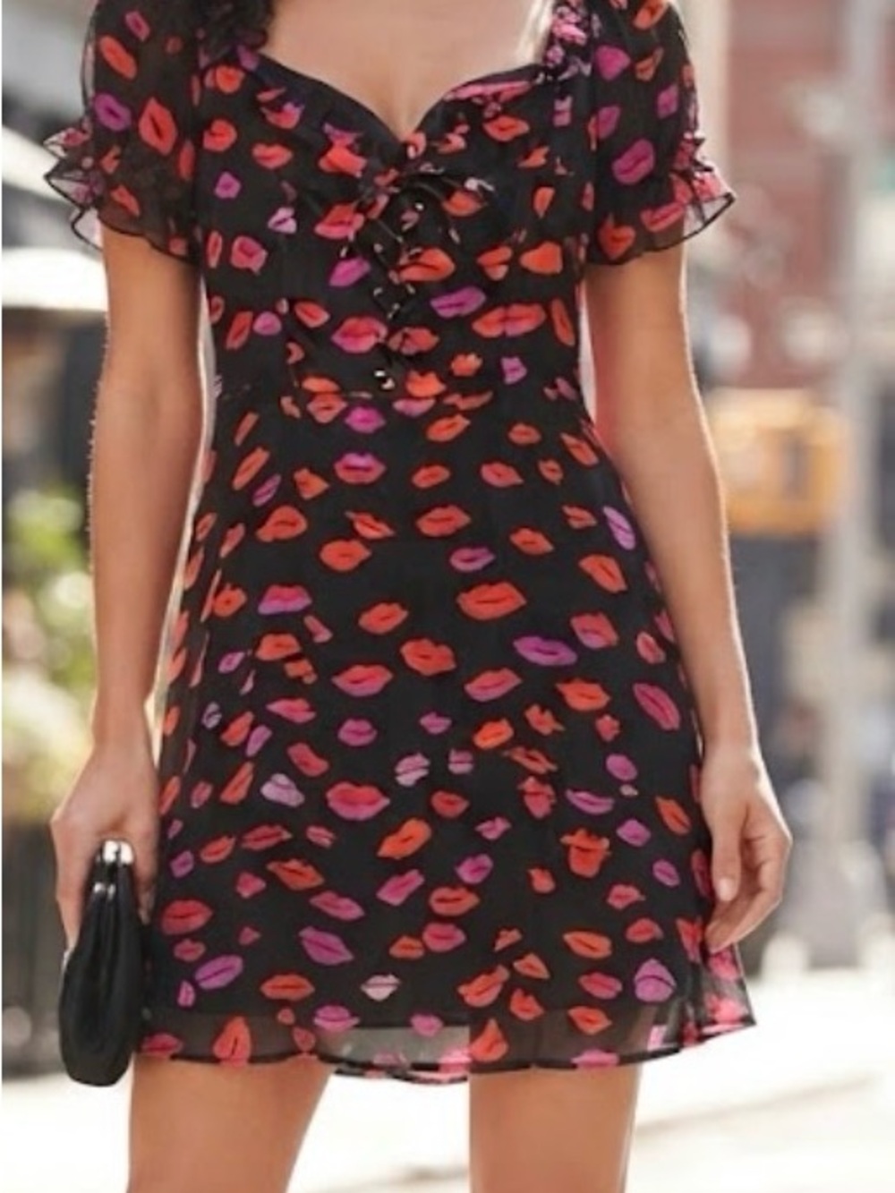 Betsey Johnson Black Mini Dress with Red and Pink French Kisses Mini Dress